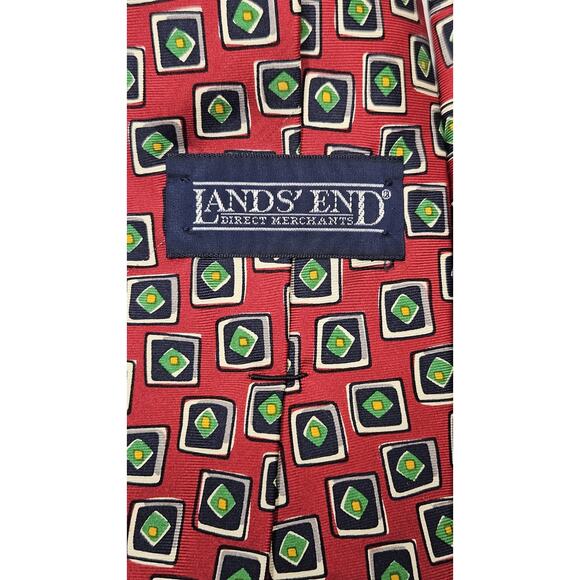 Vintage Lands End Men's Tie Red Green Geometric Print 3.5 X 60 - Picture 6 of 7